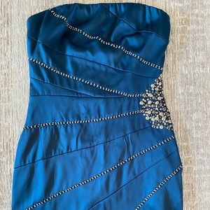 Blue strapless satin mini dress with beaded detail